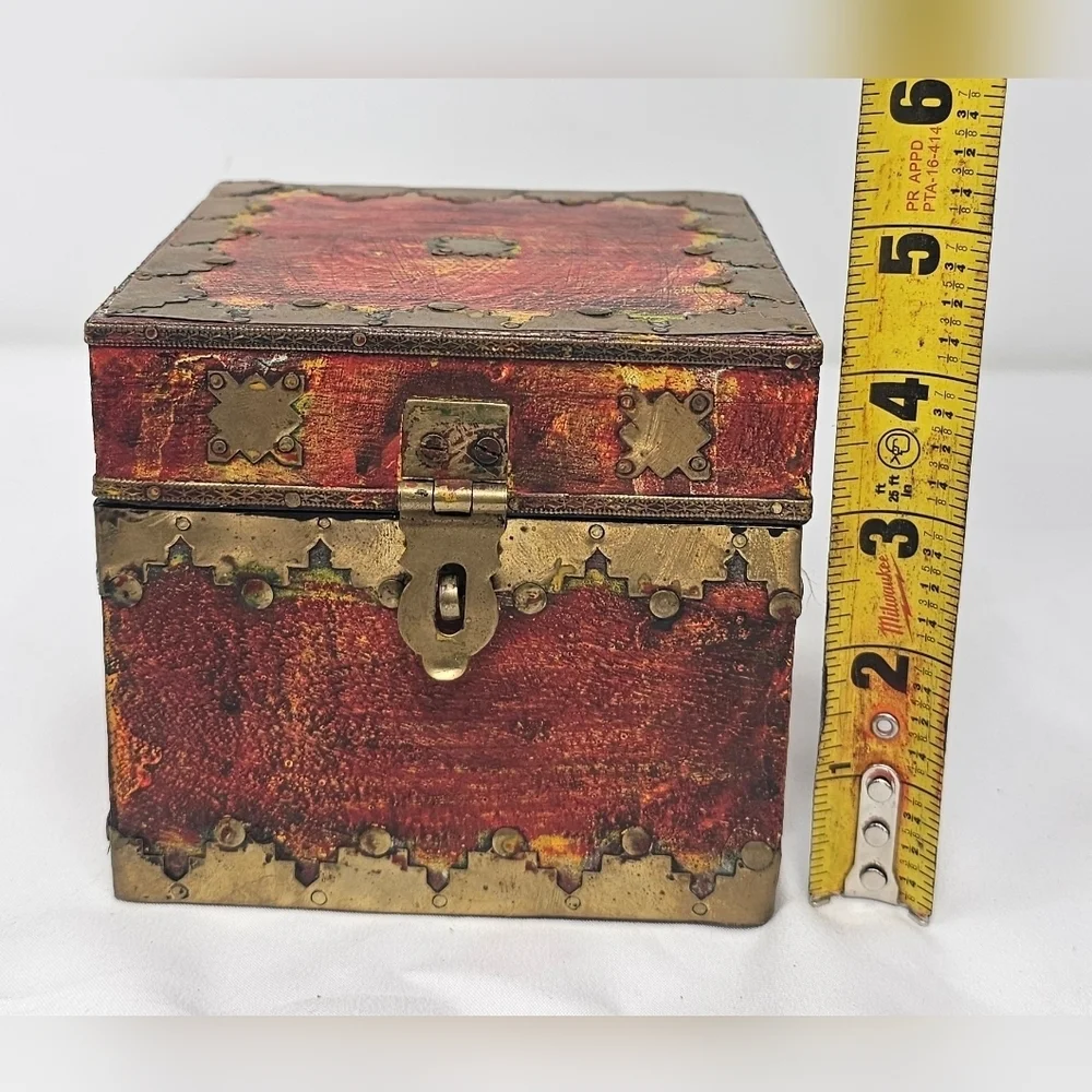 Handmade Pier 1 India Decorative Brass Wood Hinged Trinket Stash Box